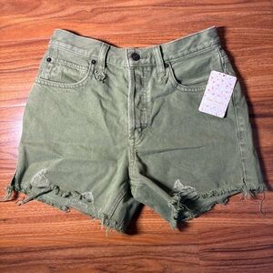 Free People Olive High Rise Distressed Denim Shorts Button Fly Size 25 NWT